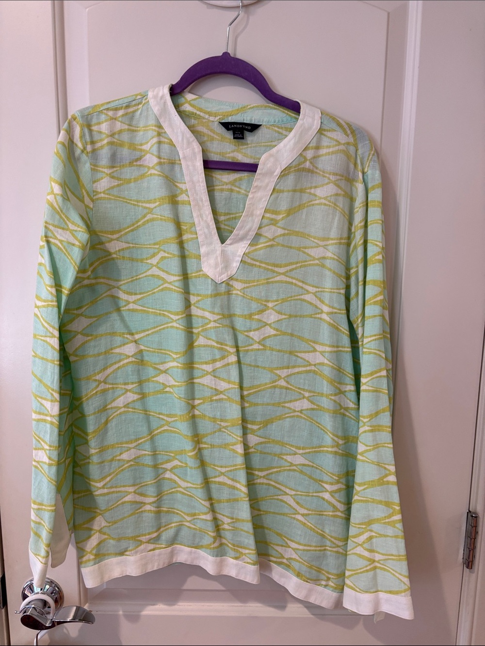 Lands' End Mint and Yellow Wave-Print V-Neck Tunic